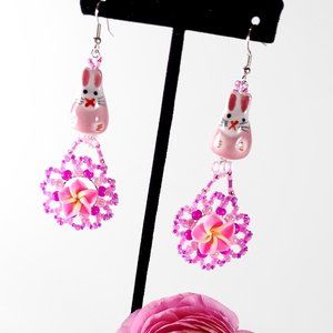 Colorful Ceramic Pink Bunny Beaded Dangling Earrings, BOHO